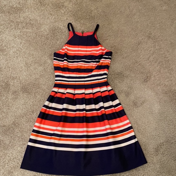 Vince Camuto orange and Navy blue striped dress with pockets - Picture 2 of 5